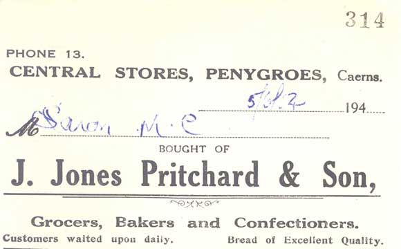 An invoice from Central Stores, Penygroes